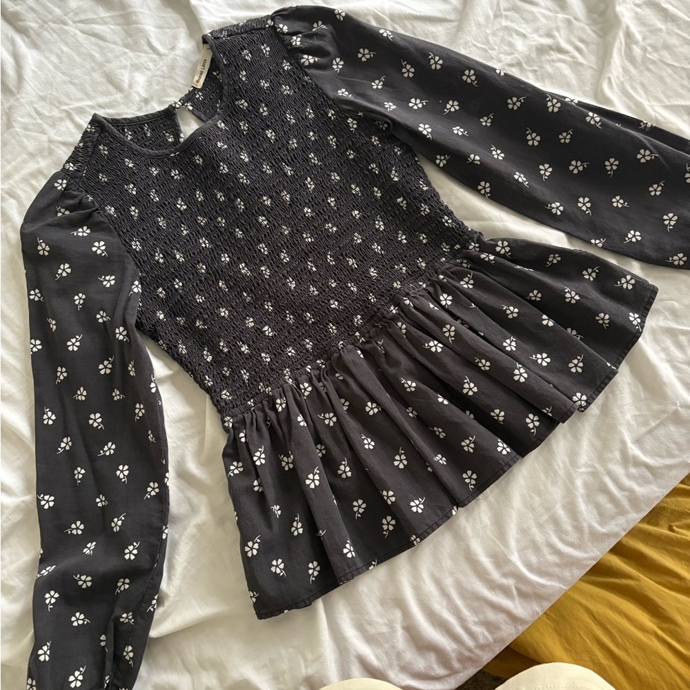Marine Layer Black Floral Smocked Blouse